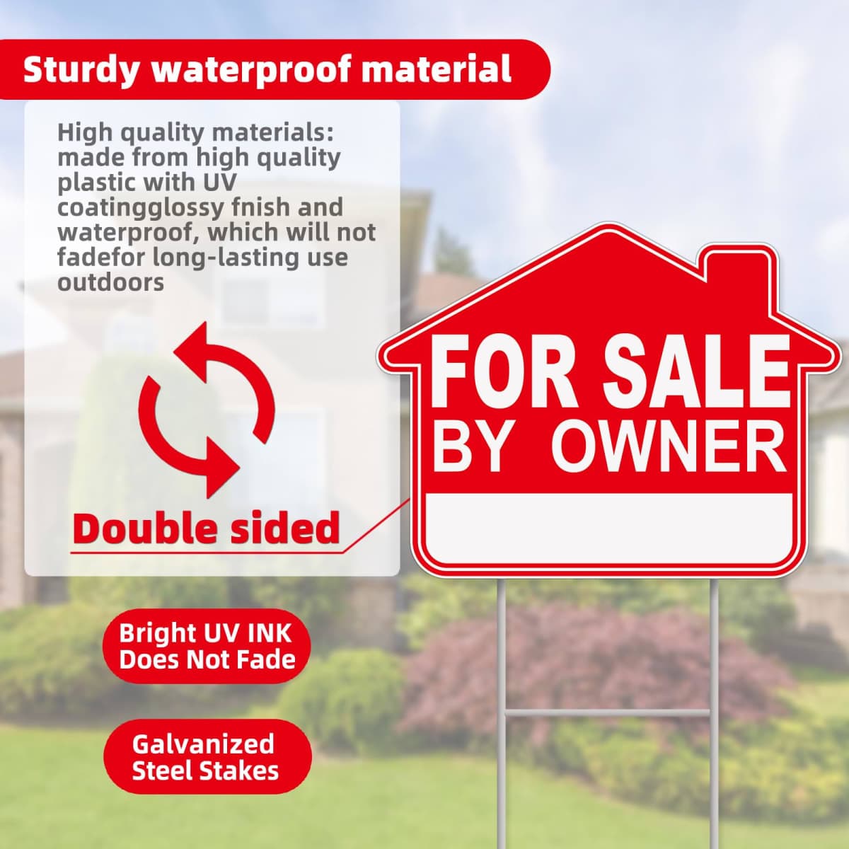 For Sale By Owner Yard Sign, 1-Pack 17"x13" Double-Sided, Corrugated Plastic, H-Stake Metal Stakes, Home for Sale Sign, Estate Sale Signs, Yard Sale Signs With Stakes, House for Sale thumbnail 5