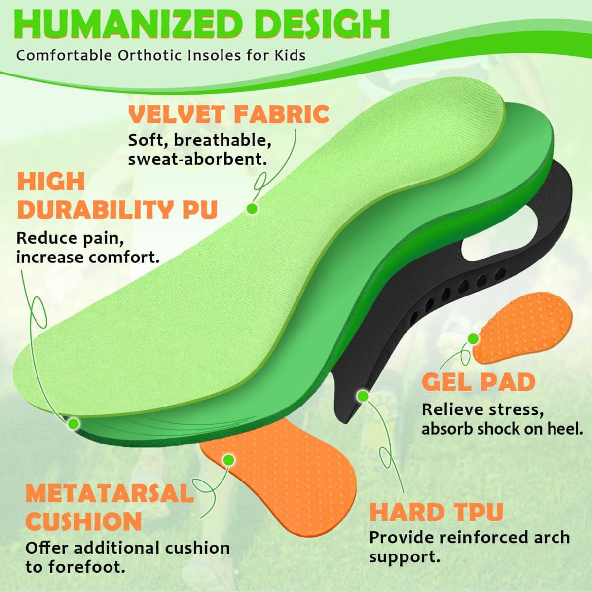 Ailaka Kids Orthotic Arch Support Shoe Insoles, Plantar Fasciitis Cushioning Athletic Inserts for Flatfoot Pain Relief Running Walking Green thumbnail 3
