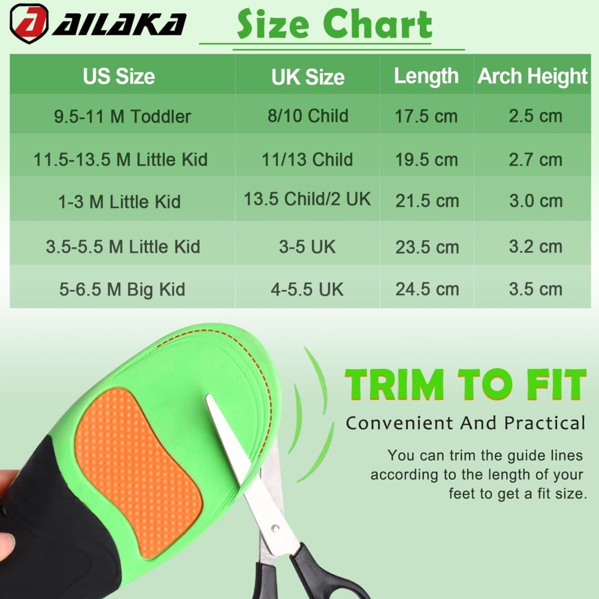 Ailaka Kids Orthotic Arch Support Shoe Insoles, Plantar Fasciitis Cushioning Athletic Inserts for Flatfoot Pain Relief Running Walking Green thumbnail 5