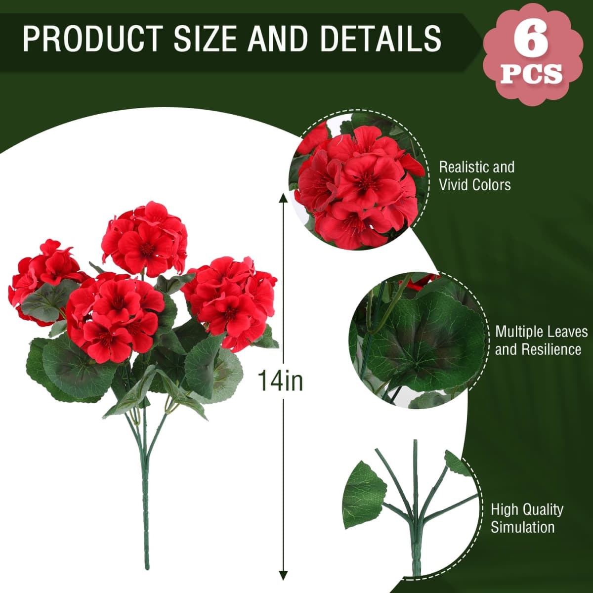 Hananona 6 Pcs Artificial Geranium Flowers for Outdoors Geranium Silk Red Flower Outdoor UV Resistant Garden Plants Faux Flowers for Christmas Home Kitchen Table Centerpieces Decor (6, Red) thumbnail 2