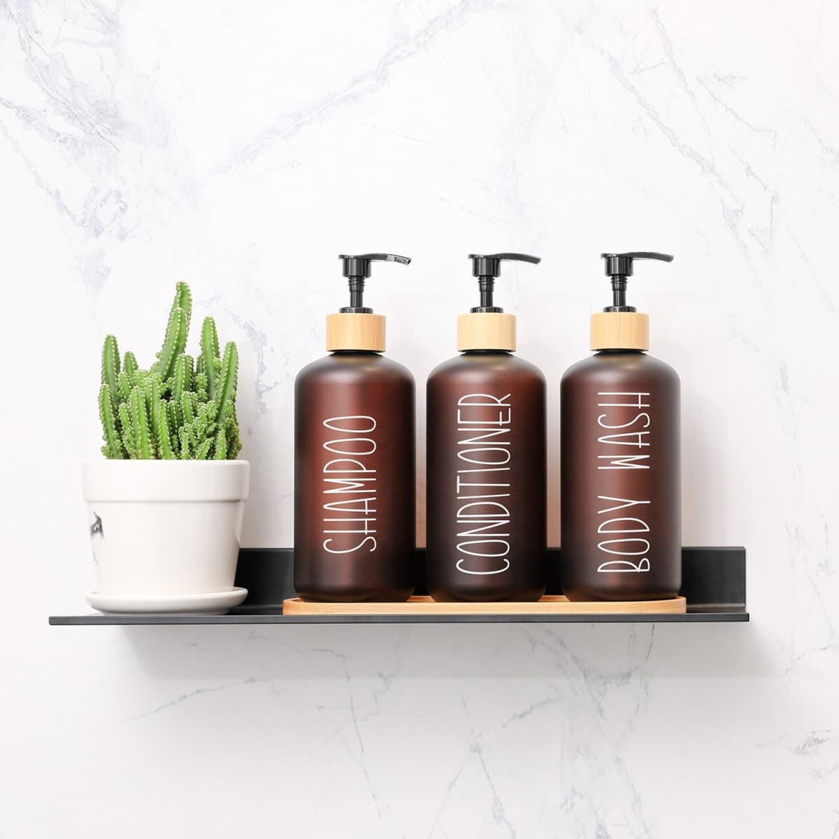 MOMEEMO Amber Shower Dispenser Set, Contains 3 Extra-Thick PET Plastic Bottles with Bamboo Pumps, Shampoo and Conditioner Dispenser for Shower Perfect for Modern Bathroom Decor. (Amber) thumbnail 2