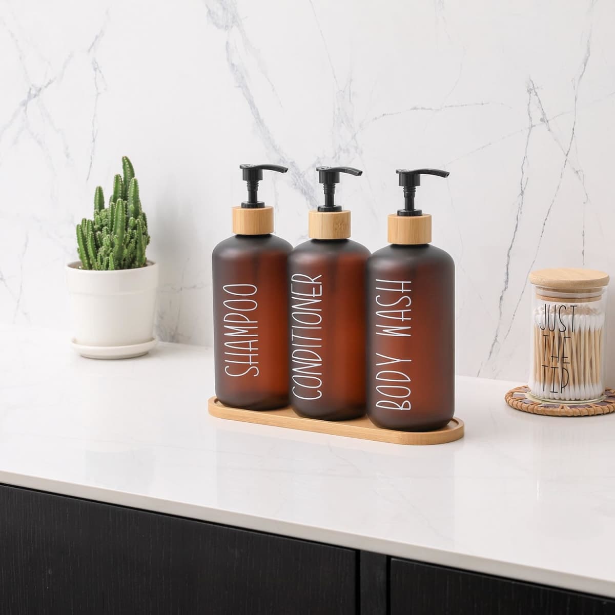 MOMEEMO Amber Shower Dispenser Set, Contains 3 Extra-Thick PET Plastic Bottles with Bamboo Pumps, Shampoo and Conditioner Dispenser for Shower Perfect for Modern Bathroom Decor. (Amber) thumbnail 4