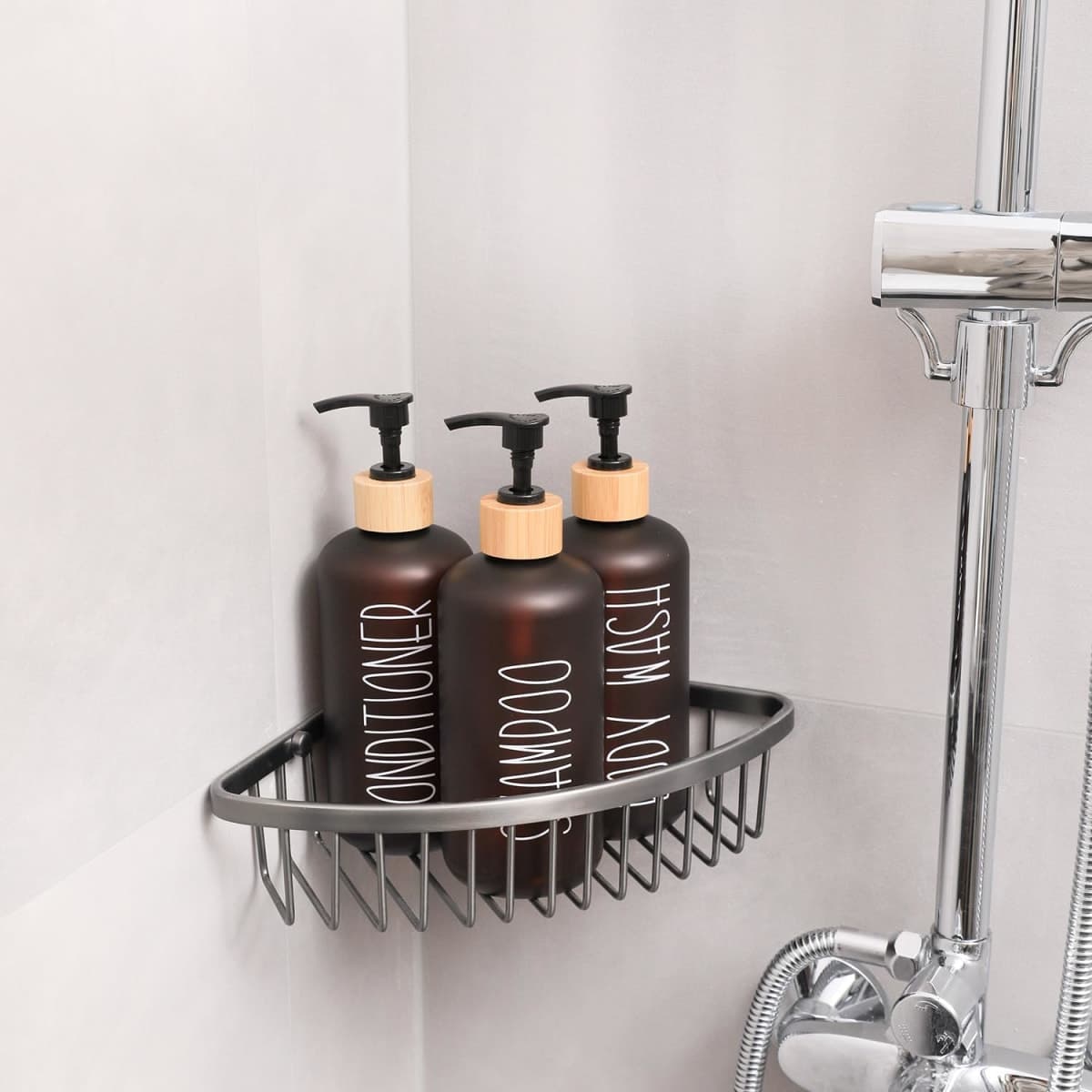 MOMEEMO Amber Shower Dispenser Set, Contains 3 Extra-Thick PET Plastic Bottles with Bamboo Pumps, Shampoo and Conditioner Dispenser for Shower Perfect for Modern Bathroom Decor. (Amber) thumbnail 5