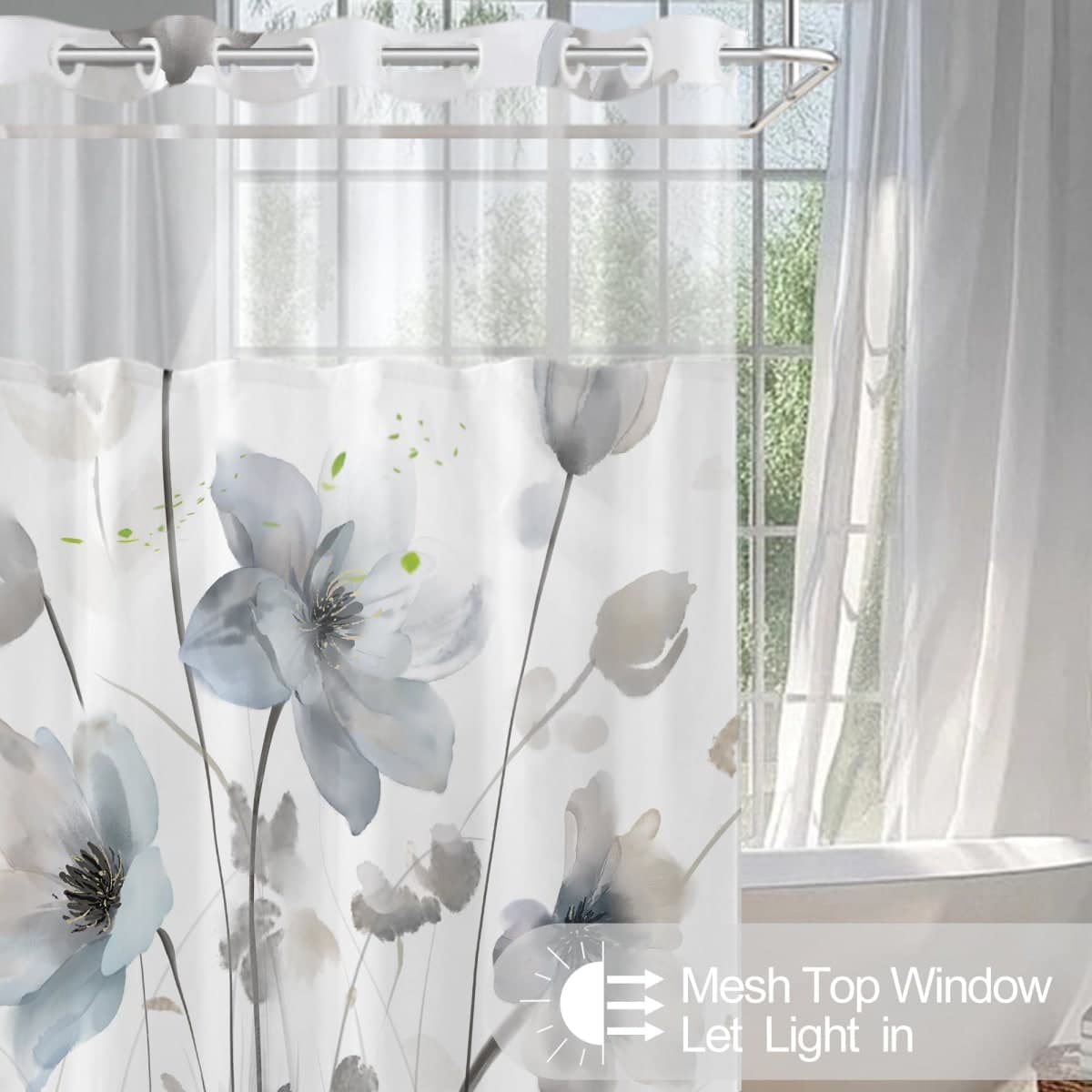 CTOTSYC No Hook Shower Curtain and Liner Set, Blue Grey Boho Floral 71x74 thumbnail 3