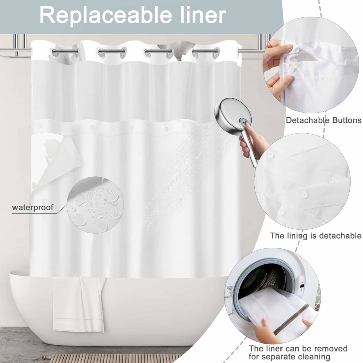 CTOTSYC No Hook Shower Curtain and Liner Set, Blue Grey Boho Floral 71x74 thumbnail 4