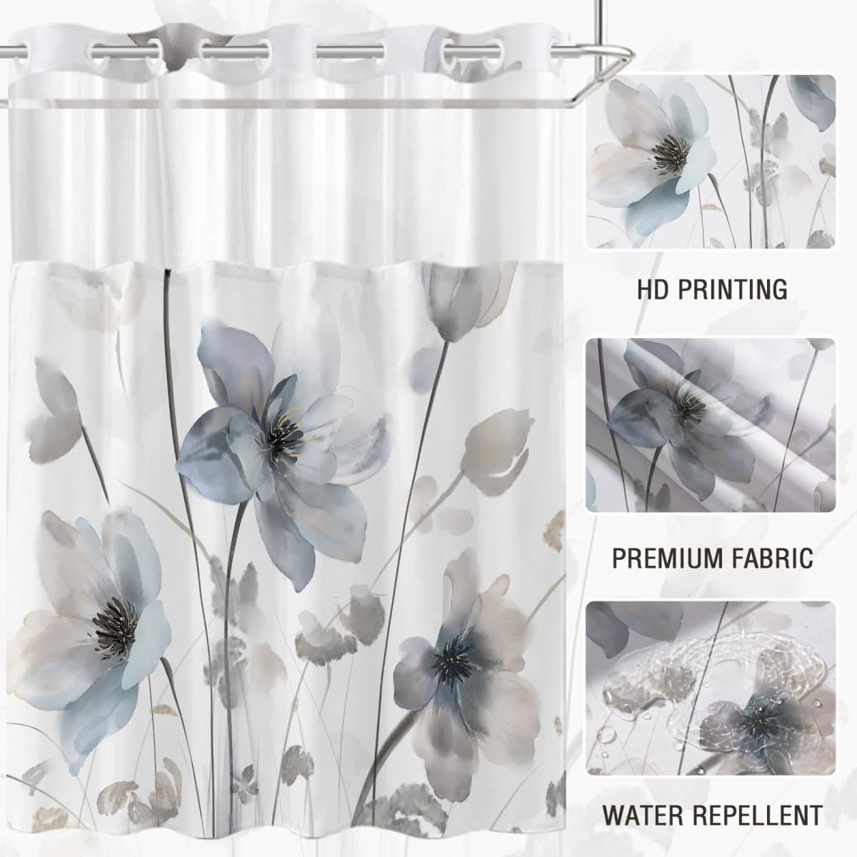 CTOTSYC No Hook Shower Curtain and Liner Set, Blue Grey Boho Floral 71x74 thumbnail 5