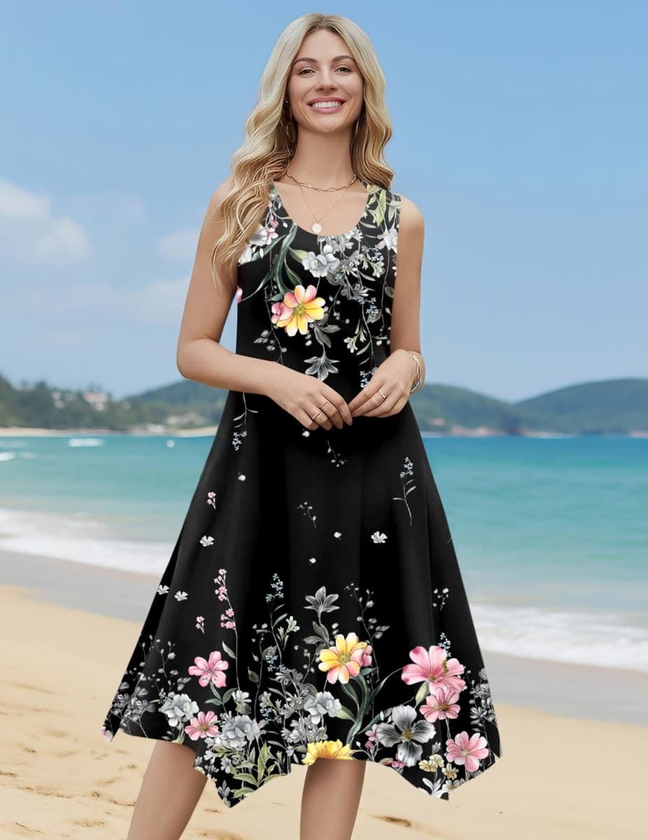 HOTOUCH Dresses for Women Casual Flowy Tshirt Sleeveless O Neck Tank Aline Midi 2026 Summer Bohemian Cruise Travel Tropical Beach Resort Trendy Loose Dress with Pockets Black Floral L thumbnail 2