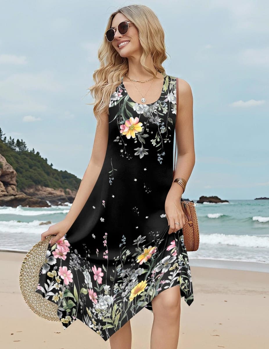 HOTOUCH Dresses for Women Casual Flowy Tshirt Sleeveless O Neck Tank Aline Midi 2026 Summer Bohemian Cruise Travel Tropical Beach Resort Trendy Loose Dress with Pockets Black Floral L thumbnail 3
