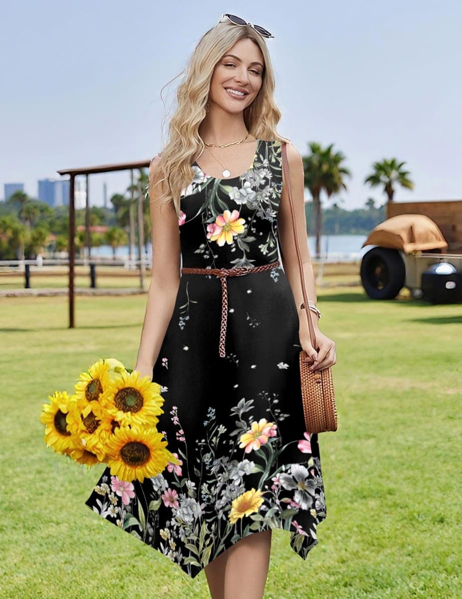 HOTOUCH Dresses for Women Casual Flowy Tshirt Sleeveless O Neck Tank Aline Midi 2026 Summer Bohemian Cruise Travel Tropical Beach Resort Trendy Loose Dress with Pockets Black Floral L thumbnail 5