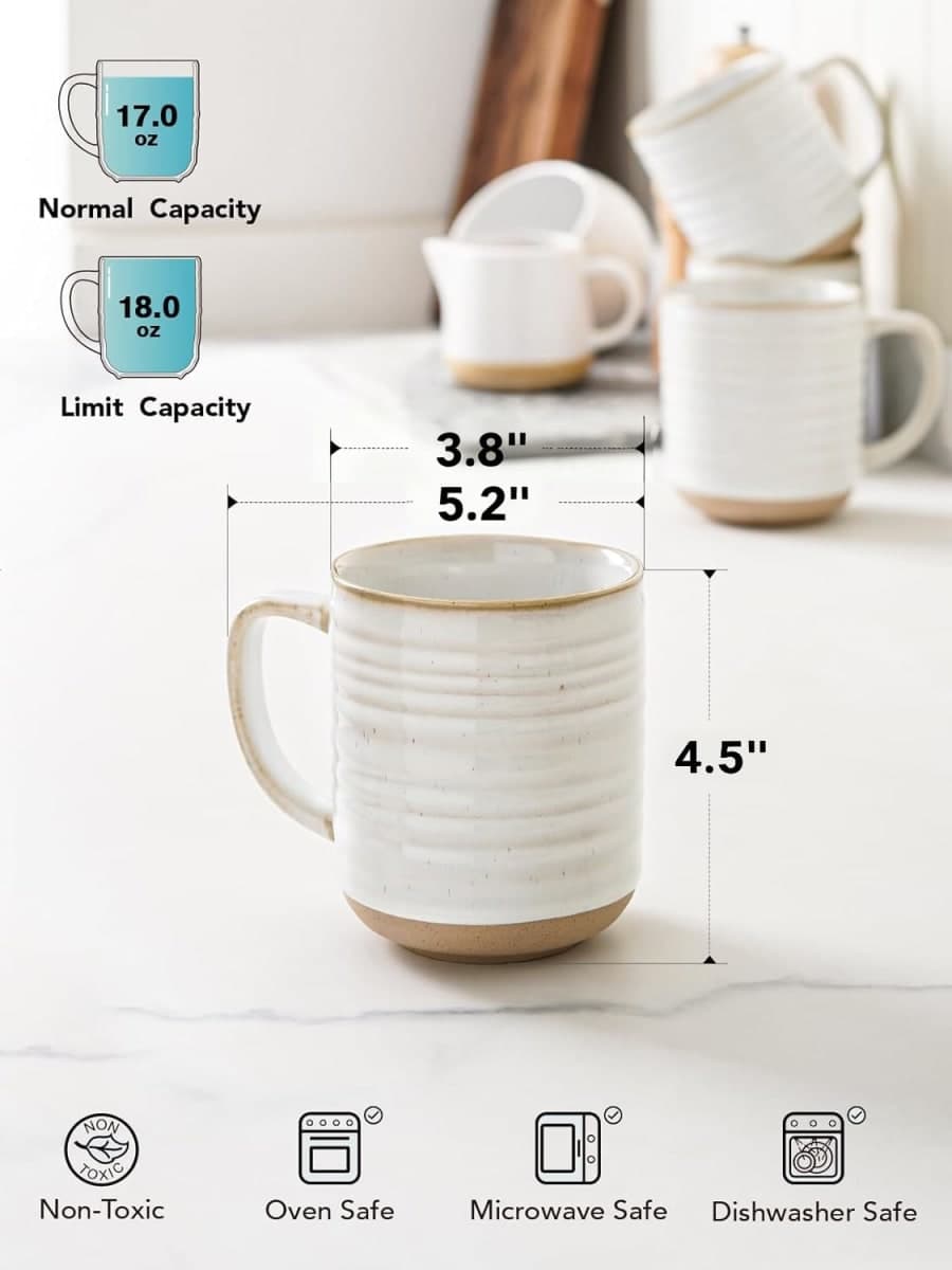 LE TAUCI Coffee Mugs 18 oz,Ceramic Mug Set, Coffee Cups for Latte, Hot Tea, Cappuccino, Mocha, Cocoa, Dishwasher Safe, Suit for Housewarming Wedding- 3.8 inch, Set of 4, Arctic White thumbnail 4