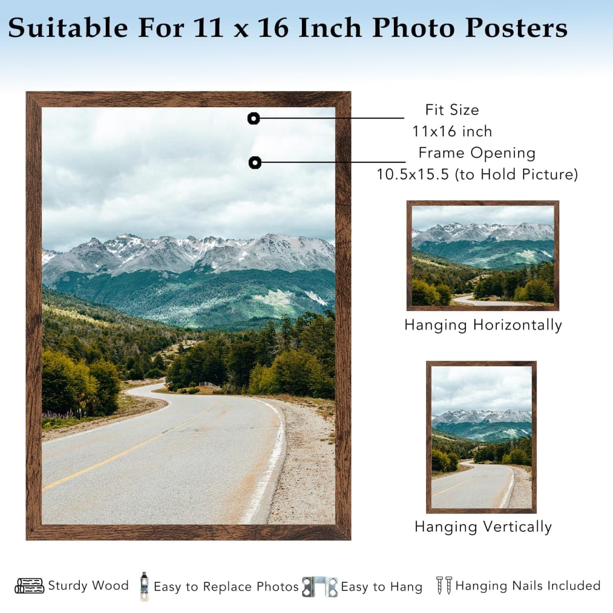 QOTIB 11x16 Picture Frame Deep Brown for Wall Hanging, Wood 11 x 16 Frame Photo Frame for Wall Horizontally or Vertically, Deep Brown, 1 Pack thumbnail 3