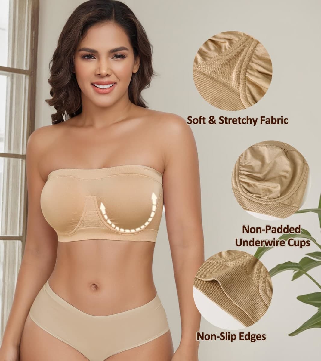 DotVol Women's Underwire Bralette Non Padded Bandeau Tube Top Multiway Bra, Beige, Medium thumbnail 3