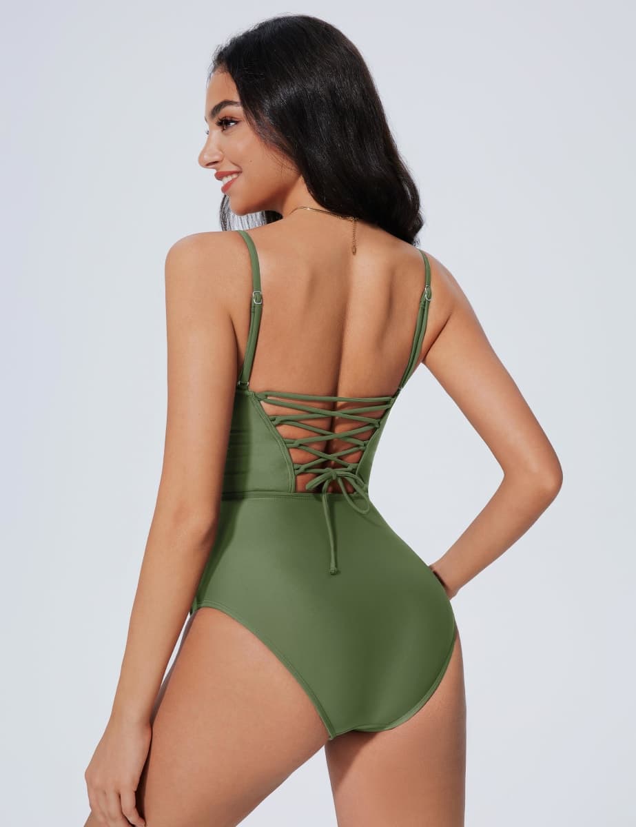 SUUKSESS Women One Piece Tummy Control Swimsuit Crisscross Backless Bathing Suit, Army Green, Medium thumbnail 2