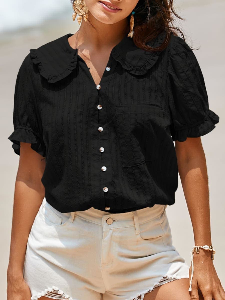 Tankaneo Womens Puff Sleeve Shirts Peter Pan Collar Button Down Cotton Blouse Casual Summer Textured Tops, Black, X-Large thumbnail 2