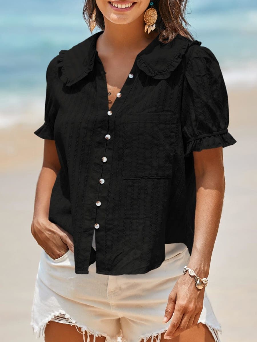 Tankaneo Womens Puff Sleeve Shirts Peter Pan Collar Button Down Cotton Blouse Casual Summer Textured Tops, Black, X-Large thumbnail 3