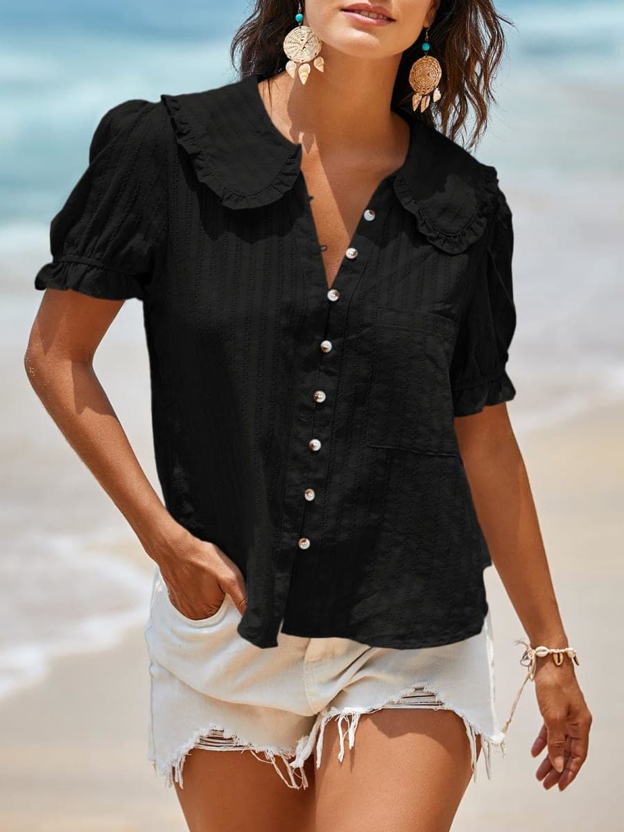 Tankaneo Womens Puff Sleeve Shirts Peter Pan Collar Button Down Cotton Blouse Casual Summer Textured Tops, Black, X-Large thumbnail 4
