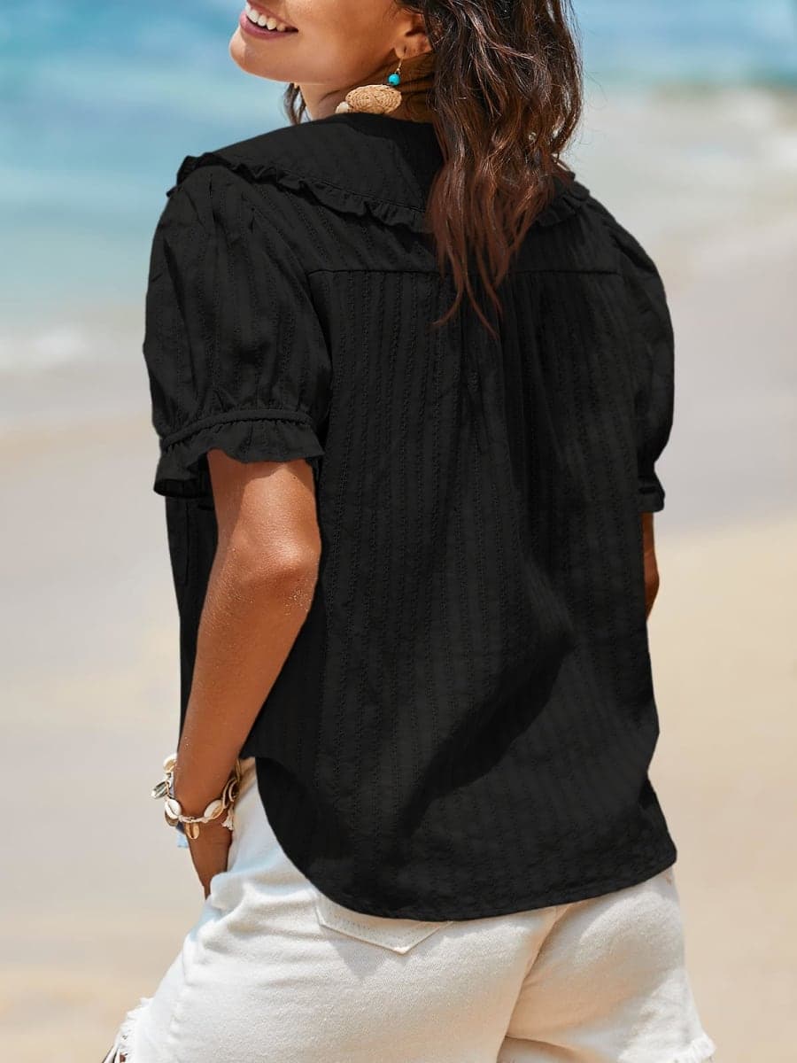 Tankaneo Womens Puff Sleeve Shirts Peter Pan Collar Button Down Cotton Blouse Casual Summer Textured Tops, Black, X-Large thumbnail 5