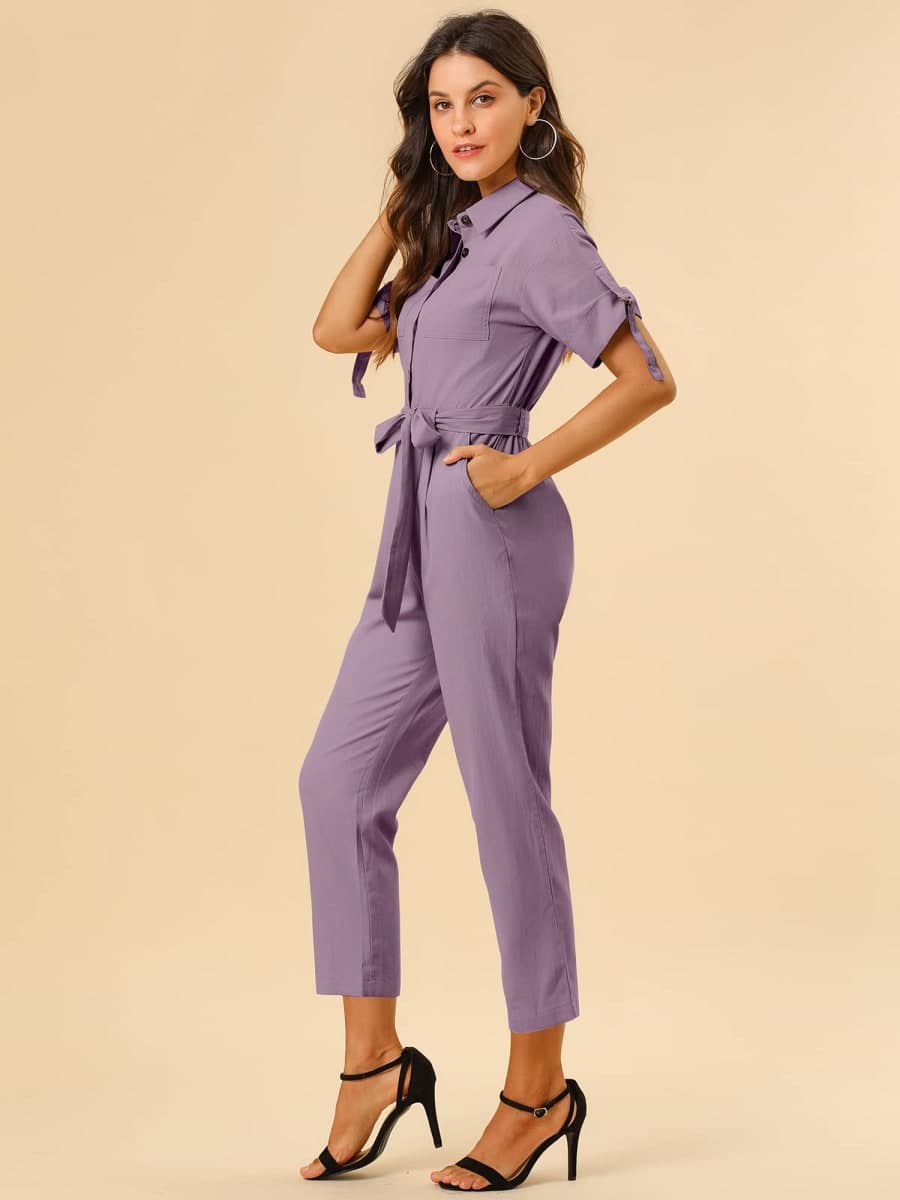 Allegra K Women's Short Sleeve Collared Coverall Tie Waist Cargo Jumpsuit thumbnail 2