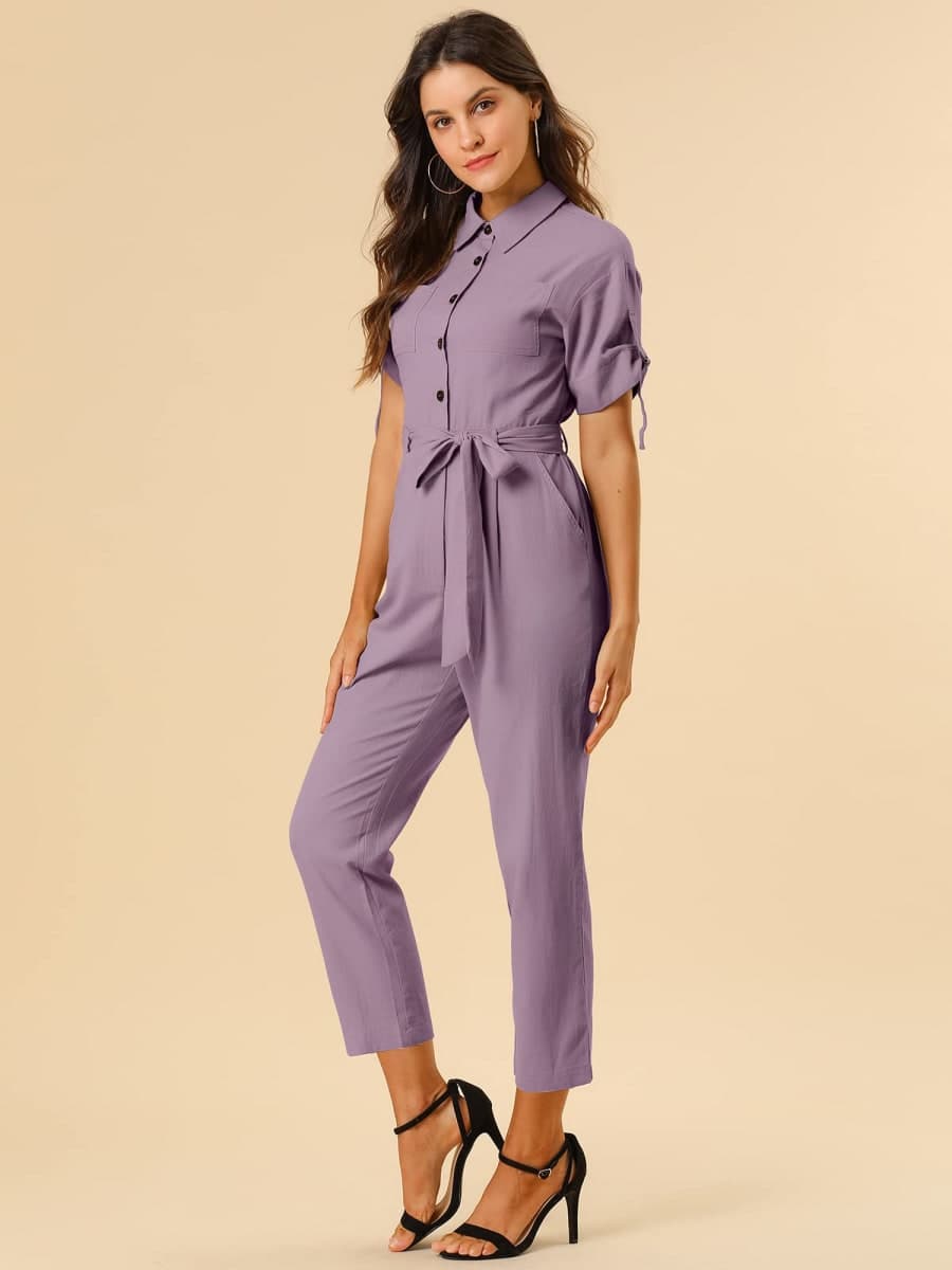 Allegra K Women's Short Sleeve Collared Coverall Tie Waist Cargo Jumpsuit thumbnail 3