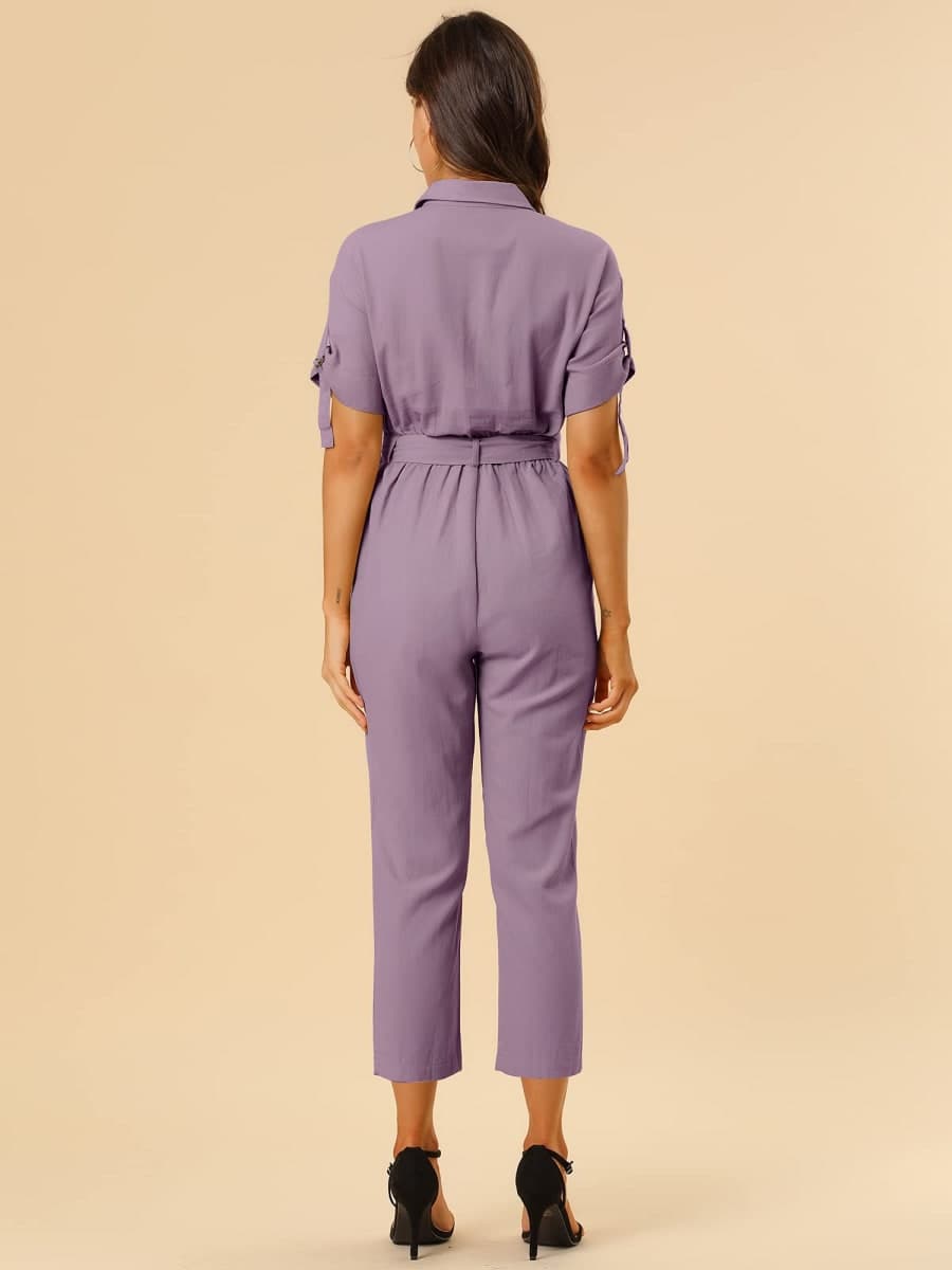 Allegra K Women's Short Sleeve Collared Coverall Tie Waist Cargo Jumpsuit thumbnail 4