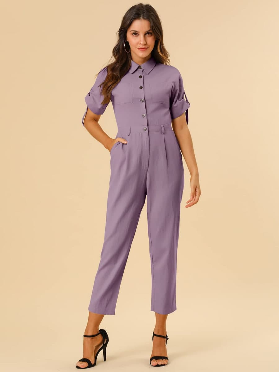Allegra K Women's Short Sleeve Collared Coverall Tie Waist Cargo Jumpsuit thumbnail 5