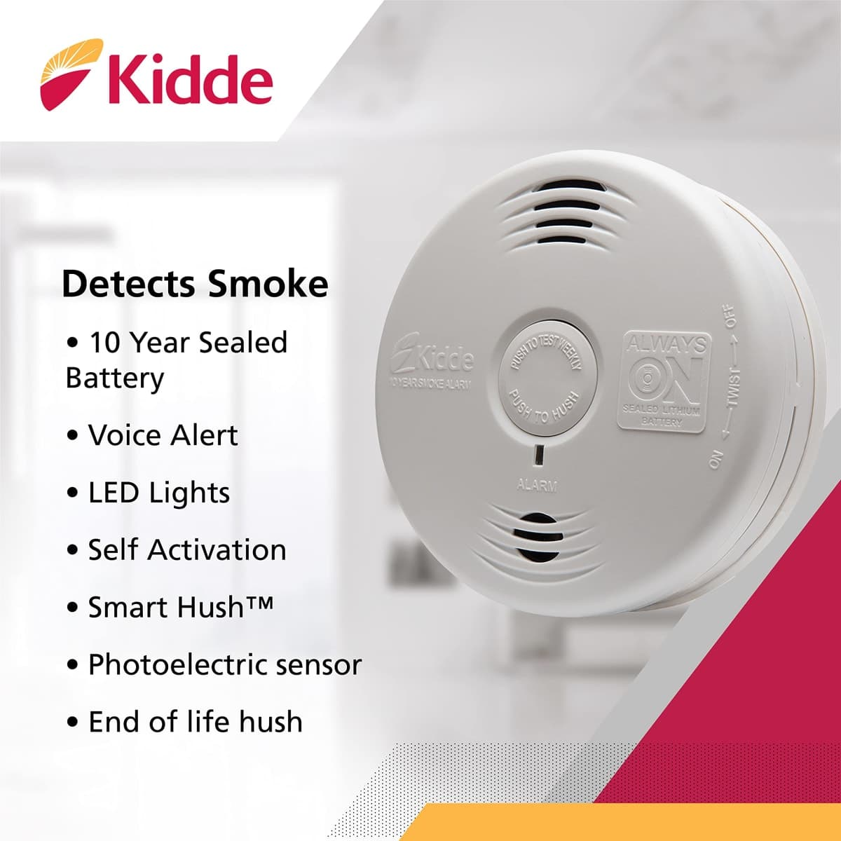 Kidde Smoke Detector, 10-Year Battery, Photoelectric Sensor Smoke Alarm, White thumbnail 2
