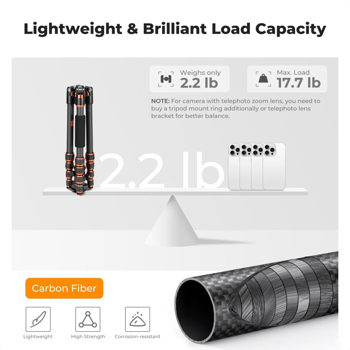 K&F CONCEPT 60" Carbon Fiber Tripod, Compact Camera Tripod, 17.64lbs thumbnail 3