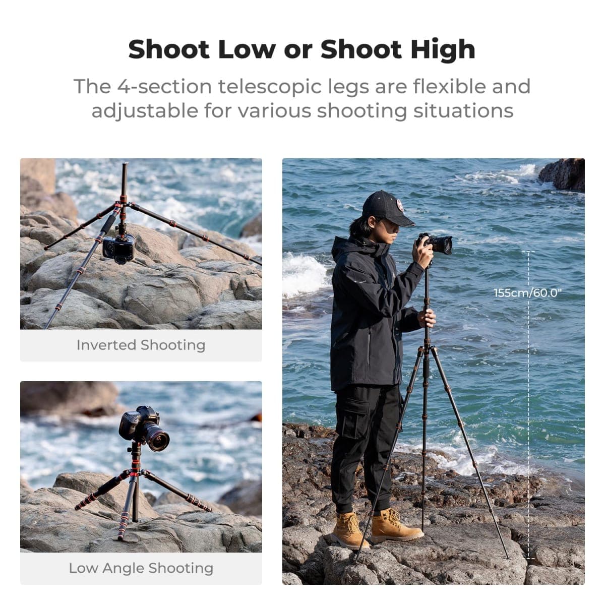 K&F CONCEPT 60" Carbon Fiber Tripod, Compact Camera Tripod, 17.64lbs thumbnail 5