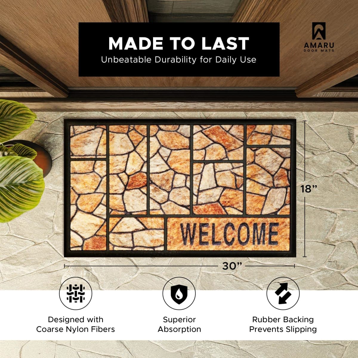 Extra Durable, Superior Absorption, Front Door Mat for Outdoor & Indoor - Welcome Mats for Entryway, Entrance, Patio, Porch - Waterproof, Non-Slip Backing, Coarse Fibers (Stones,18x30) thumbnail 2