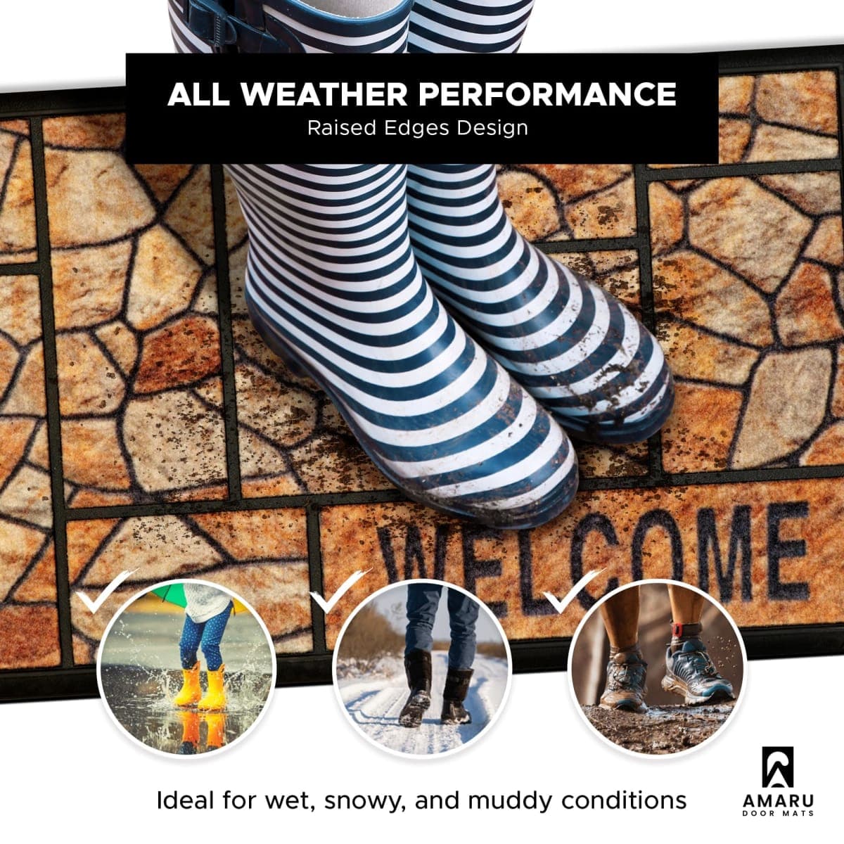 Extra Durable, Superior Absorption, Front Door Mat for Outdoor & Indoor - Welcome Mats for Entryway, Entrance, Patio, Porch - Waterproof, Non-Slip Backing, Coarse Fibers (Stones,18x30) thumbnail 3