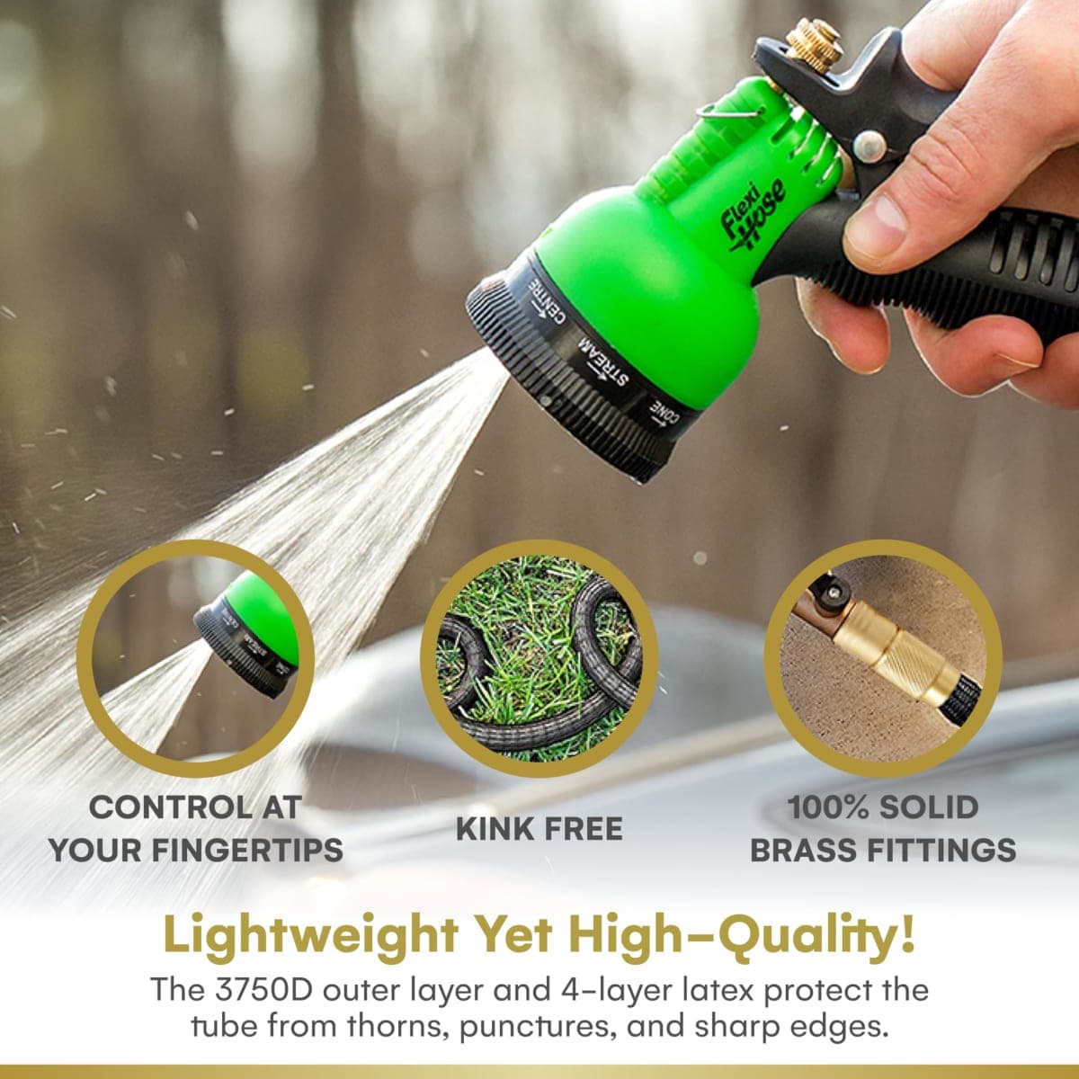 Flexi Hose with 8 Function Nozzle, 100FT - Lightweight Expandable Garden Hose, No-Kink Flexibility, 3/4 Inch Solid Brass Fittings and Double Latex Core thumbnail 4