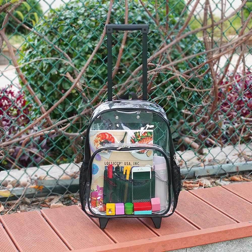 COVAX Rolling Clear Backpack, Heavy Duty See Through Bookbag, Transparent PVC Cold-resistant Backpack with Wheels (Black), Black, Large thumbnail 2