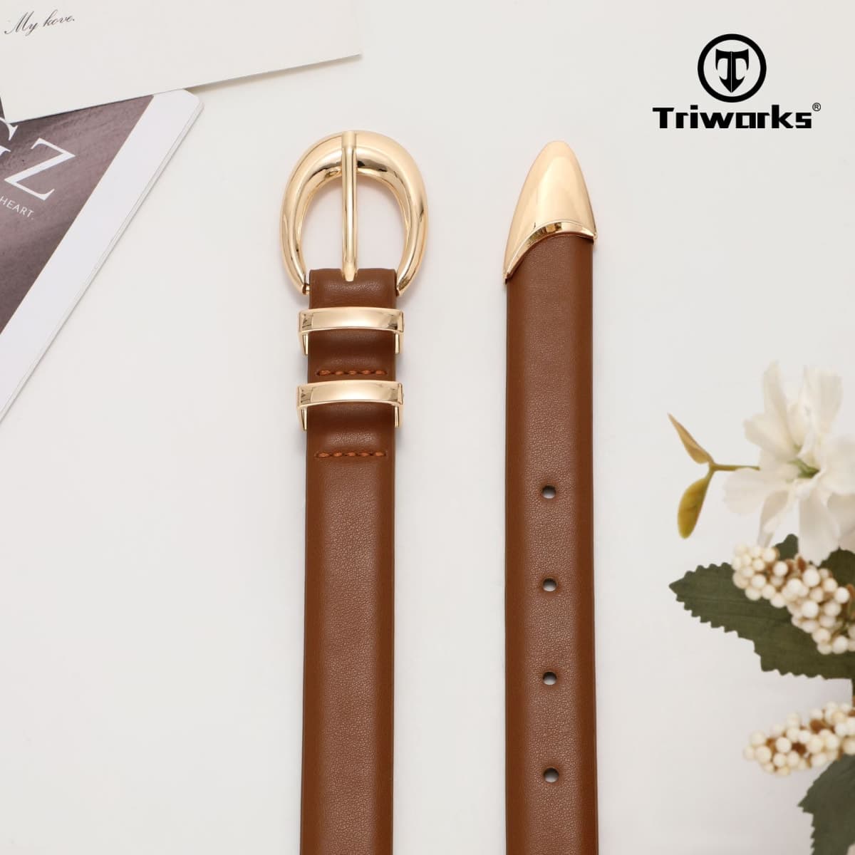 TRIWORKS Women Leather Belt for Jeans Pants Fashion Ladies Skinny Faux Leather Dress belt with Gold Buckle, Brown-2 Gold Loop, Fit Waist Size 27"-31" thumbnail 2