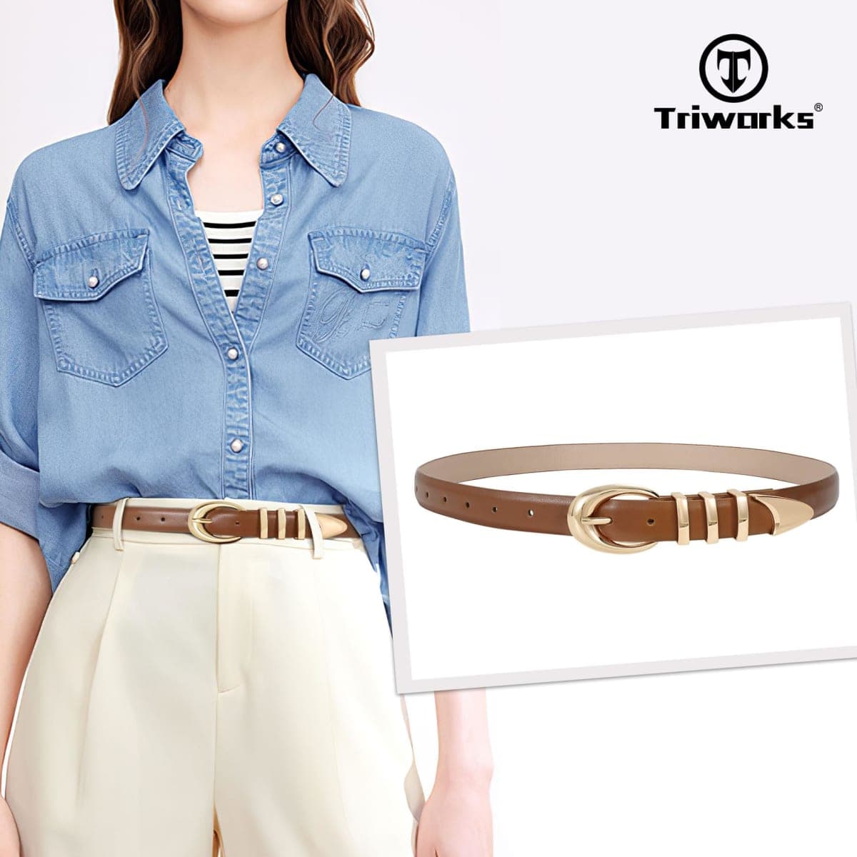 TRIWORKS Women Leather Belt for Jeans Pants Fashion Ladies Skinny Faux Leather Dress belt with Gold Buckle, Brown-2 Gold Loop, Fit Waist Size 27"-31" thumbnail 3