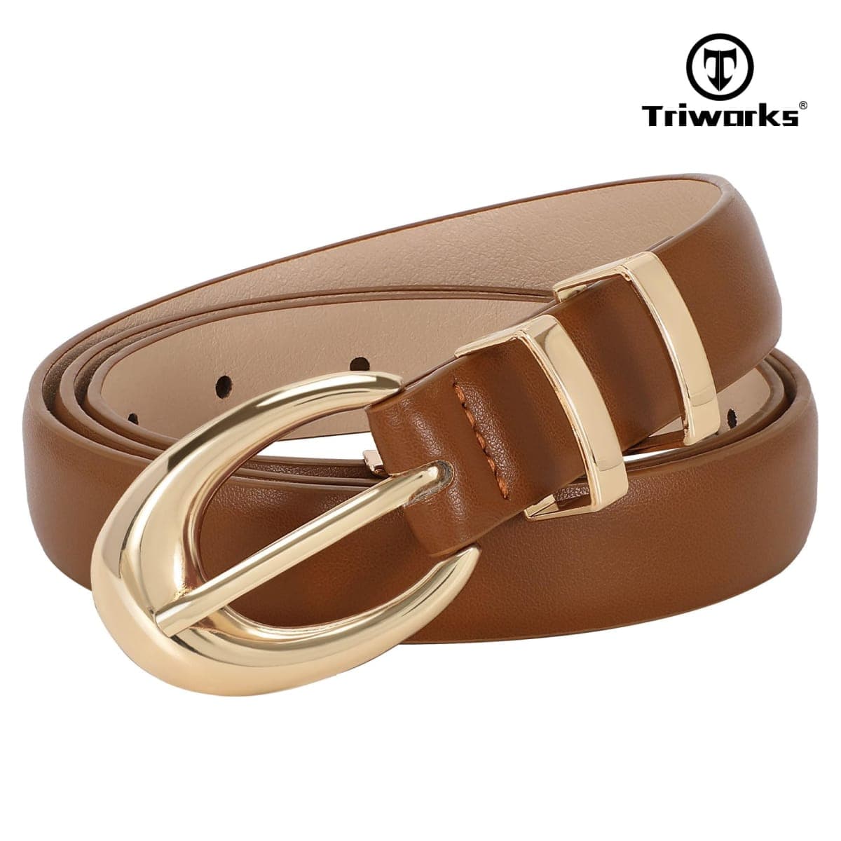 TRIWORKS Women Leather Belt for Jeans Pants Fashion Ladies Skinny Faux Leather Dress belt with Gold Buckle, Brown-2 Gold Loop, Fit Waist Size 27"-31" thumbnail 4