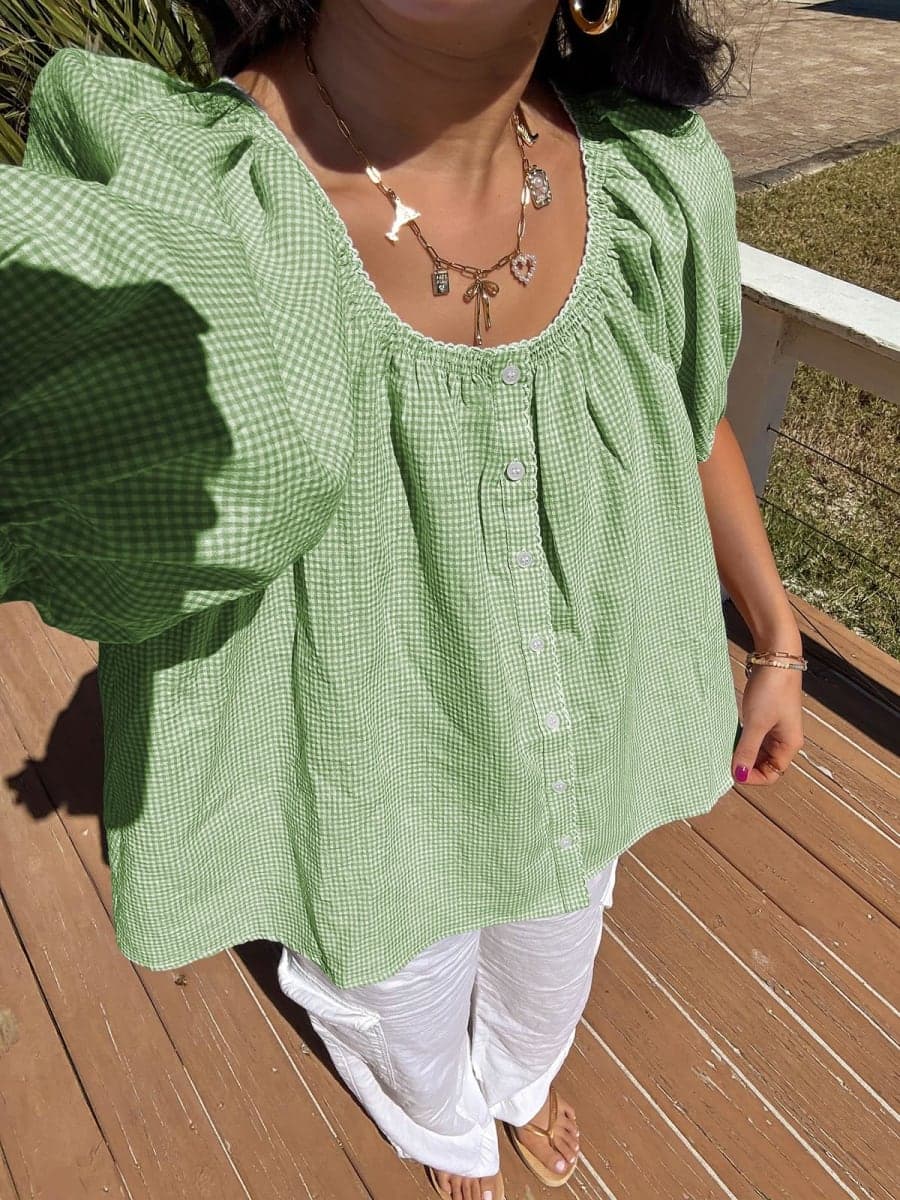 Tankaneo Womens Puff Sleeve Gingham Blouse Summer Plaid Crew Neck Cute Tops Trendy Casual Button Down Shirts, Green, X-Large thumbnail 2