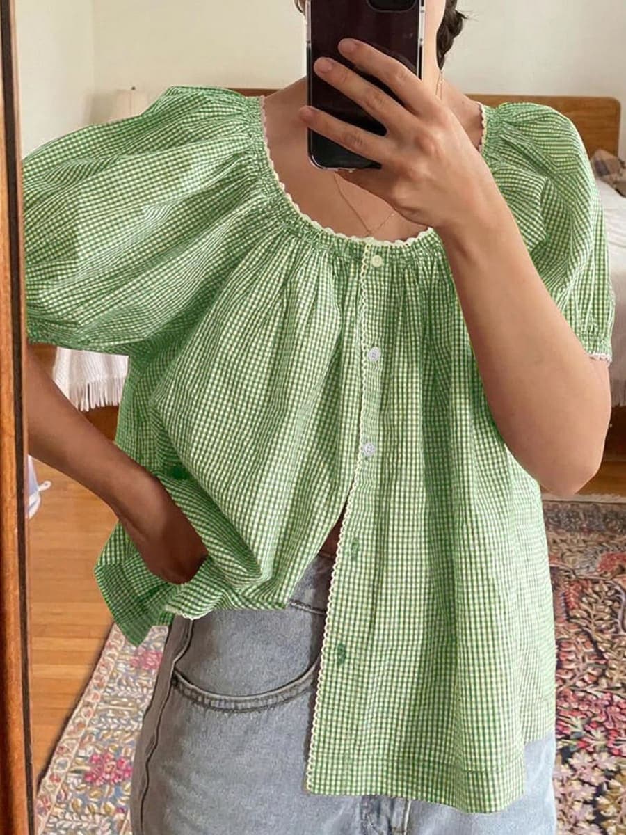 Tankaneo Womens Puff Sleeve Gingham Blouse Summer Plaid Crew Neck Cute Tops Trendy Casual Button Down Shirts, Green, X-Large thumbnail 3