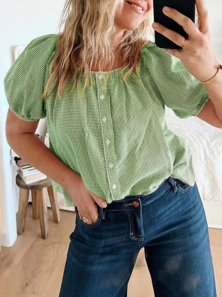 Tankaneo Womens Puff Sleeve Gingham Blouse Summer Plaid Crew Neck Cute Tops Trendy Casual Button Down Shirts, Green, X-Large thumbnail 4