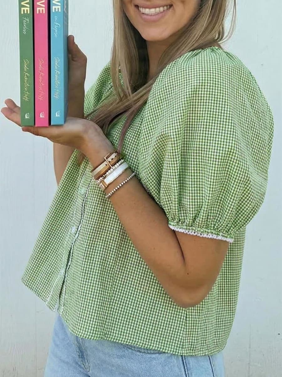Tankaneo Womens Puff Sleeve Gingham Blouse Summer Plaid Crew Neck Cute Tops Trendy Casual Button Down Shirts, Green, X-Large thumbnail 5