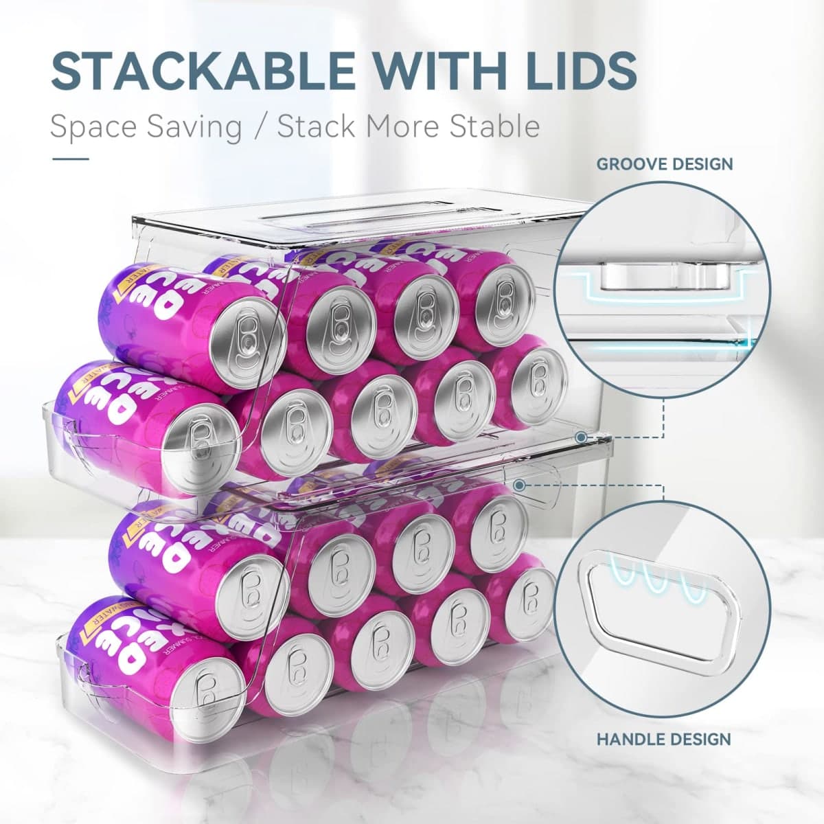 Soda Can Dispenser for Refrigerator with Lids, Stackable Drink Organizer for Fridge, Clear Plastic Refrigerator Organizer Bins, Beverage Can Holders for Pantry, Freezer, Kitchen, Cabinets Set of 2 thumbnail 2