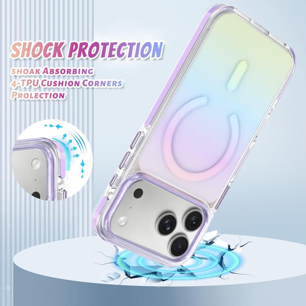 Bonoma for iPhone 17 Pro Case, Crystal Clear Back, Magnetic Support for MagSafe Cute Iridescent Gradient Slim Shockproof Case, High-Duty Protection for Phone Cover -Purple thumbnail 3
