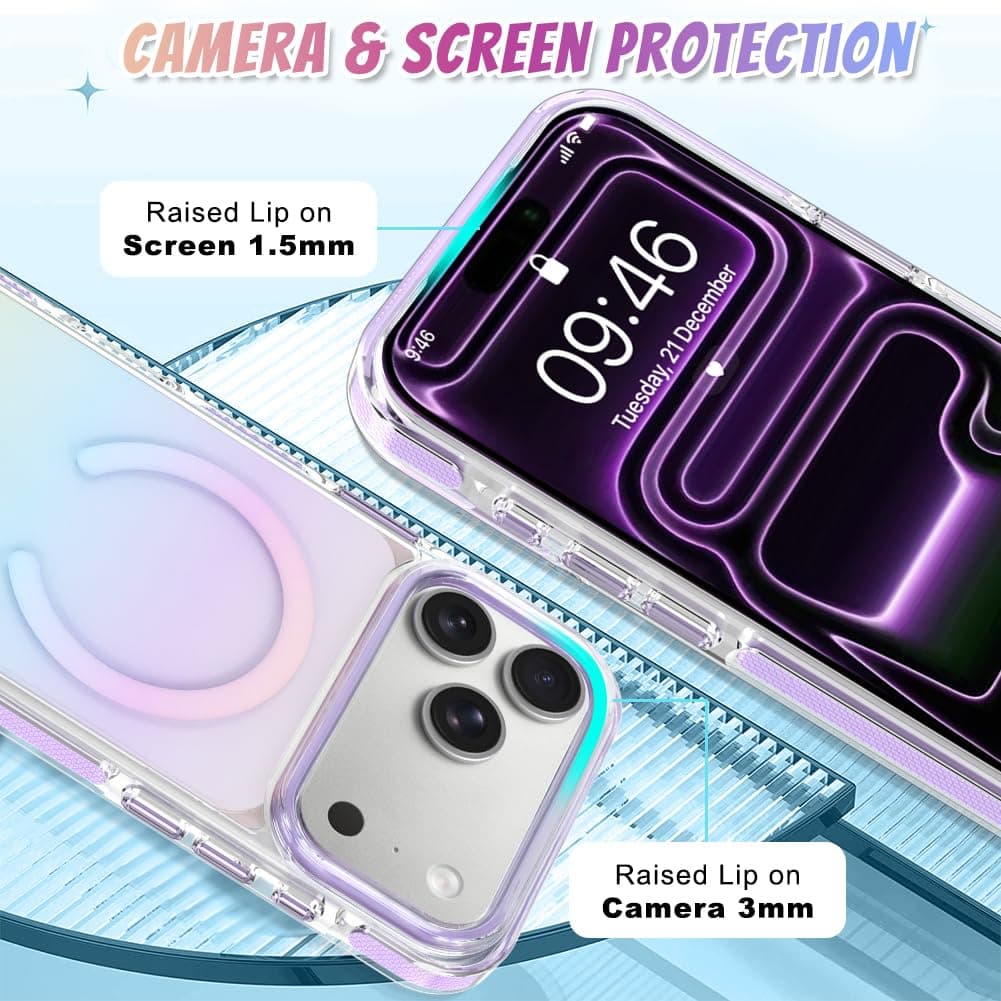 Bonoma for iPhone 17 Pro Case, Crystal Clear Back, Magnetic Support for MagSafe Cute Iridescent Gradient Slim Shockproof Case, High-Duty Protection for Phone Cover -Purple thumbnail 4