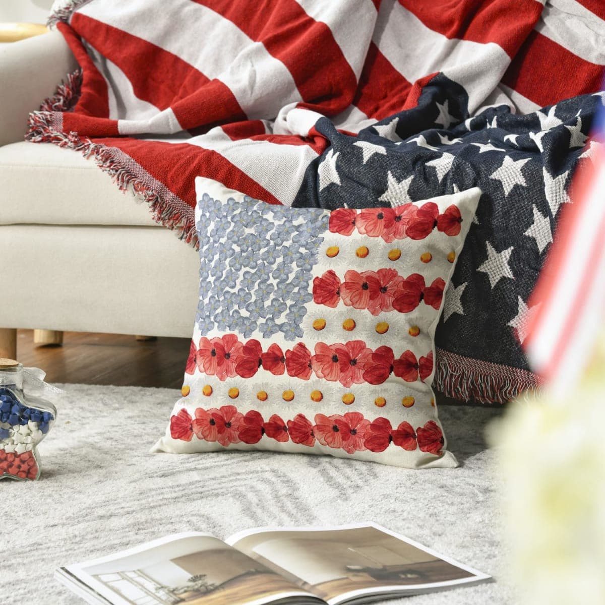 AVOIN colorlife 4th of July Patriotic Independence Poppy Floral Throw Pillow Cover, 18 x 18 Inch Memorial Day America Flag Decor Cushion Case for Sofa Couch thumbnail 2