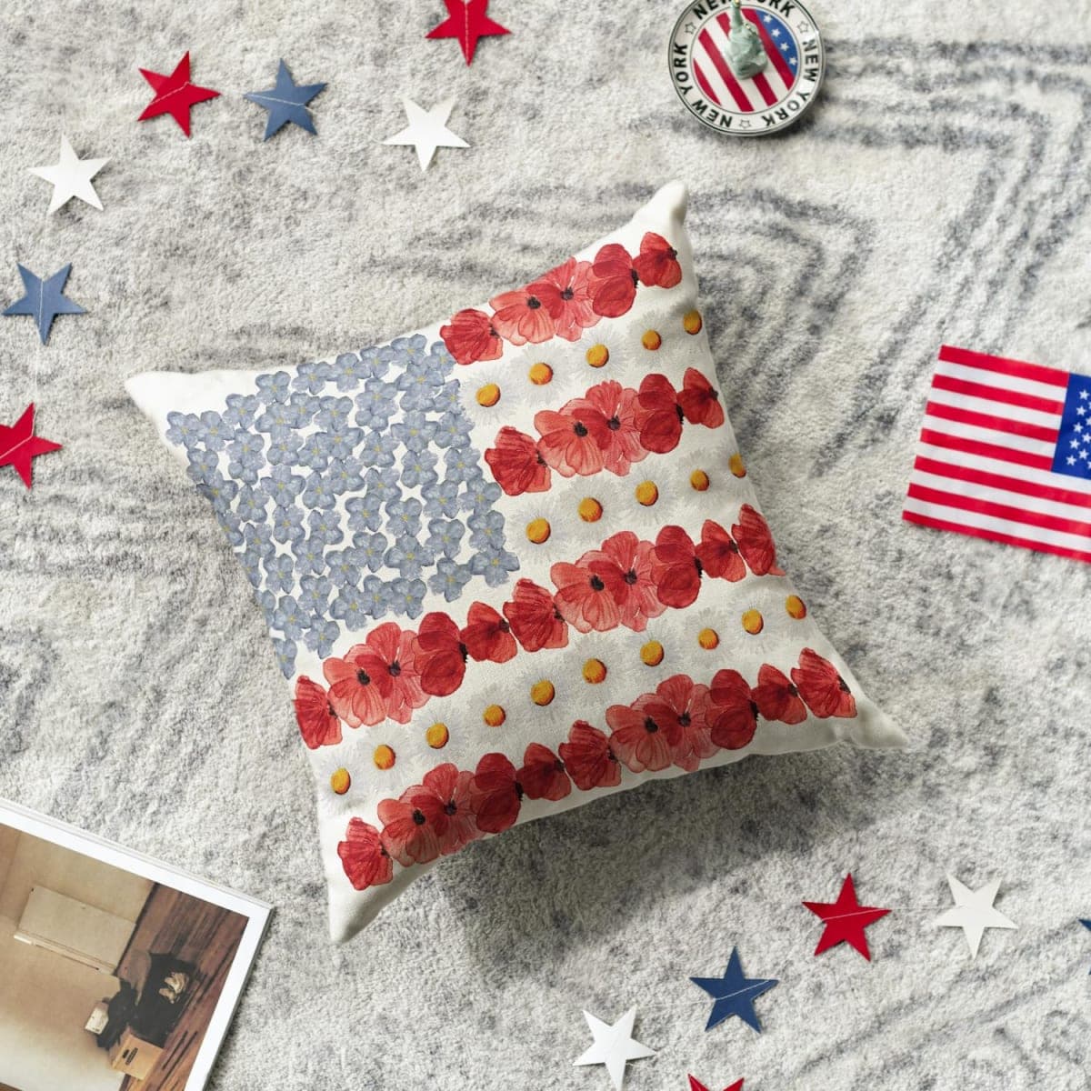 AVOIN colorlife 4th of July Patriotic Independence Poppy Floral Throw Pillow Cover, 18 x 18 Inch Memorial Day America Flag Decor Cushion Case for Sofa Couch thumbnail 3