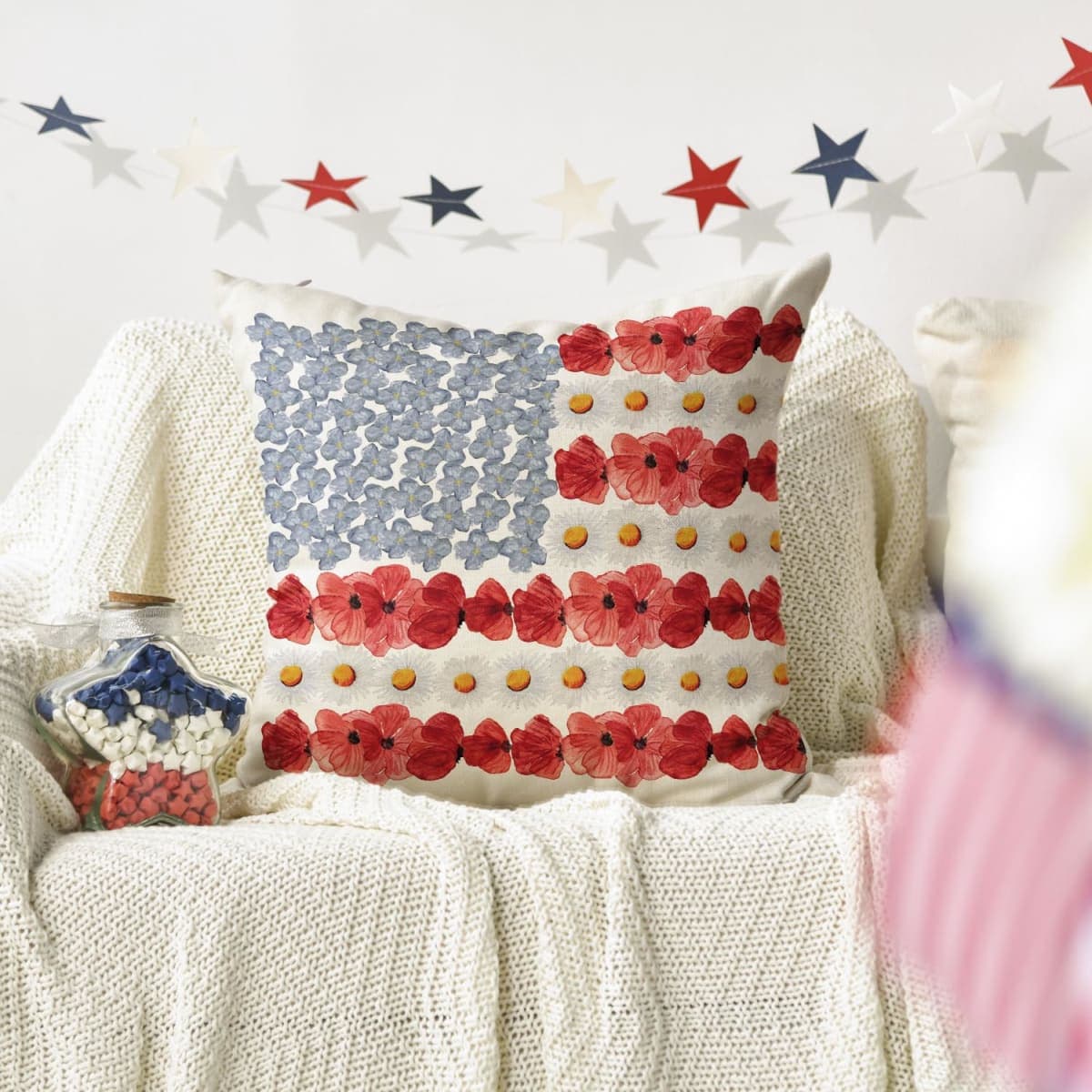 AVOIN colorlife 4th of July Patriotic Independence Poppy Floral Throw Pillow Cover, 18 x 18 Inch Memorial Day America Flag Decor Cushion Case for Sofa Couch thumbnail 4