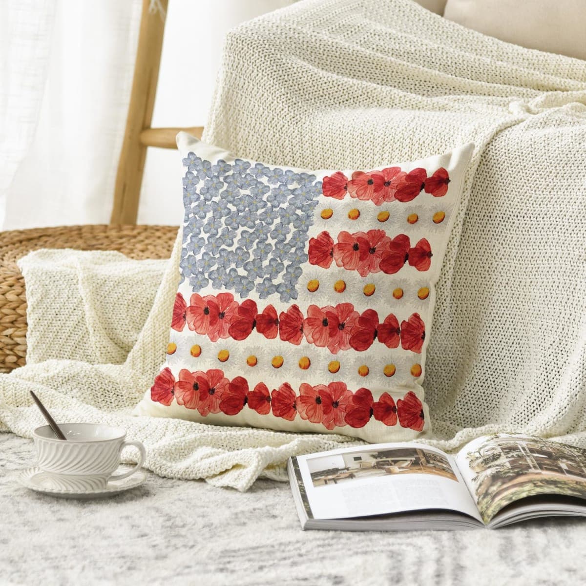 AVOIN colorlife 4th of July Patriotic Independence Poppy Floral Throw Pillow Cover, 18 x 18 Inch Memorial Day America Flag Decor Cushion Case for Sofa Couch thumbnail 5
