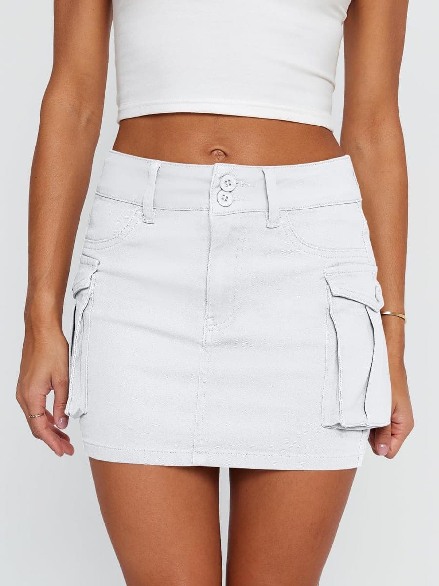 LILLUSORY Women Cargo Mini Skirt Denim Jean Dress with Pocket, White, X-Large thumbnail 2