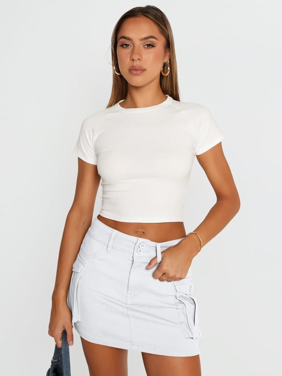LILLUSORY Women Cargo Mini Skirt Denim Jean Dress with Pocket, White, X-Large thumbnail 5