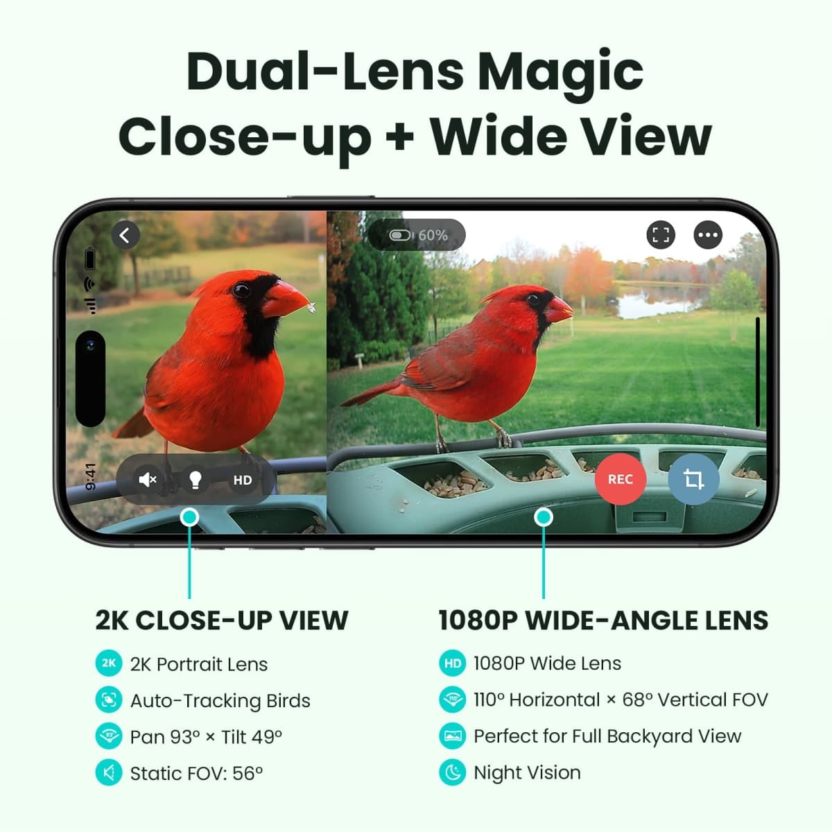 Birdfy 2 Smart Bird Feeder with Camera, AI Identifies 6000+ Bird Species, Dual-Lens 2K+1080P Camera for Live Streaming & Close-Up Photos, Solar-Powered Backyard Birdwatching Gift for Christmas thumbnail 3