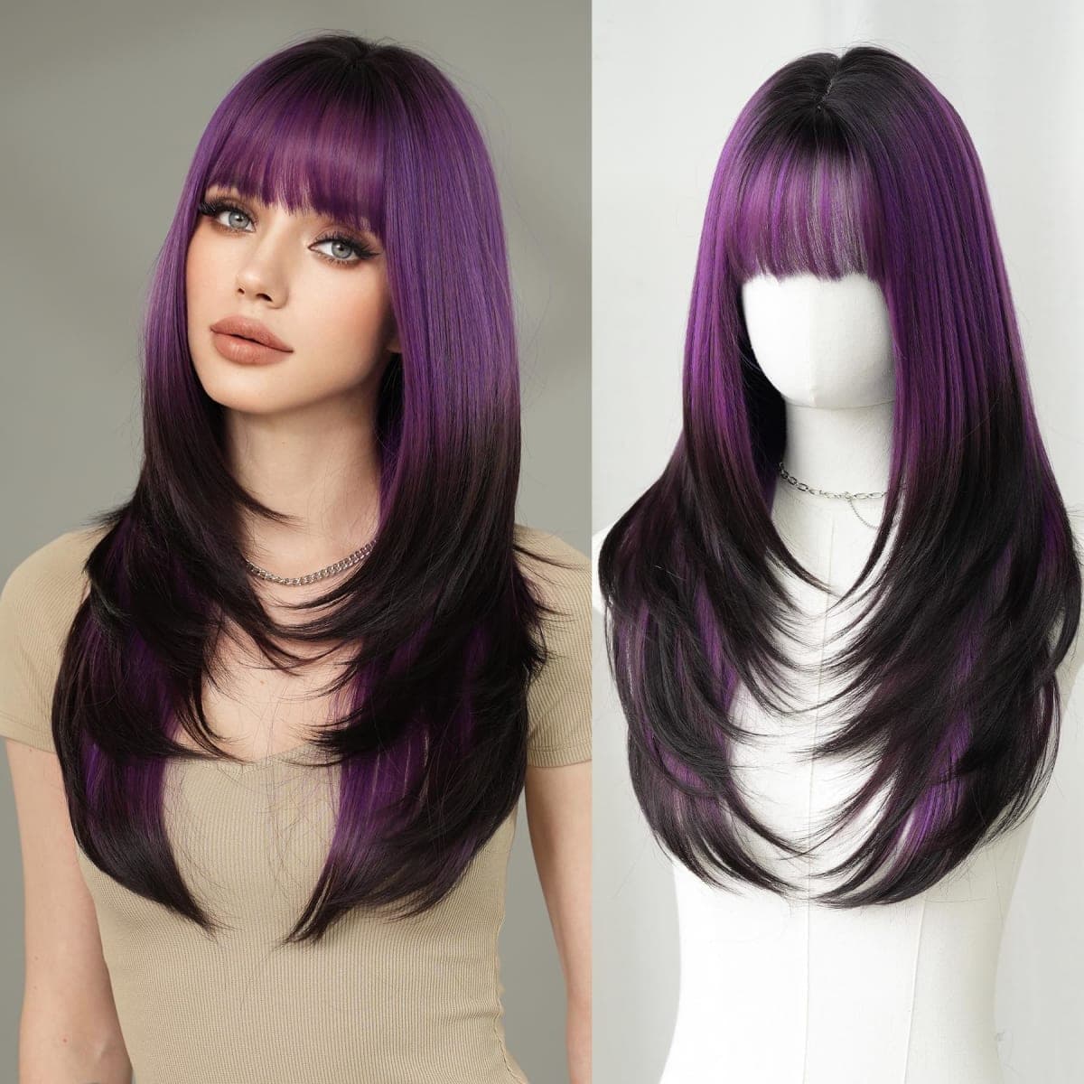 7JHH WIGS Long Straight Purple Synthetic Wig with Bangs 25inch Layered Hair Tail Dye Black Heart Resistant Synthetic Fiber Natural Looking Wigs for Women Party Cospaly and Daily Used — image 1
